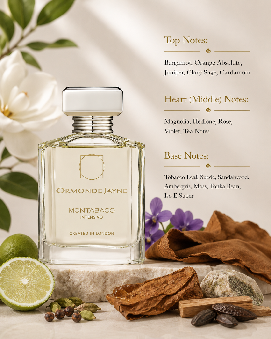 Ormonde Jayne Montabaco Intensivo Eau de Parfum showcased in an elegant luxury fragrance composition featuring bergamot, orange absolute, juniper, clary sage, cardamom, magnolia, hedione, rose, violet, tea notes, tobacco leaf, suede, sandalwood, ambergris, moss, tonka bean, and Iso E Super-inspired elements. The sophisticated clear glass bottle is presented in a refined setting that highlights its fresh citrus, aromatic, floral, smoky tobacco, and woody amber character.
