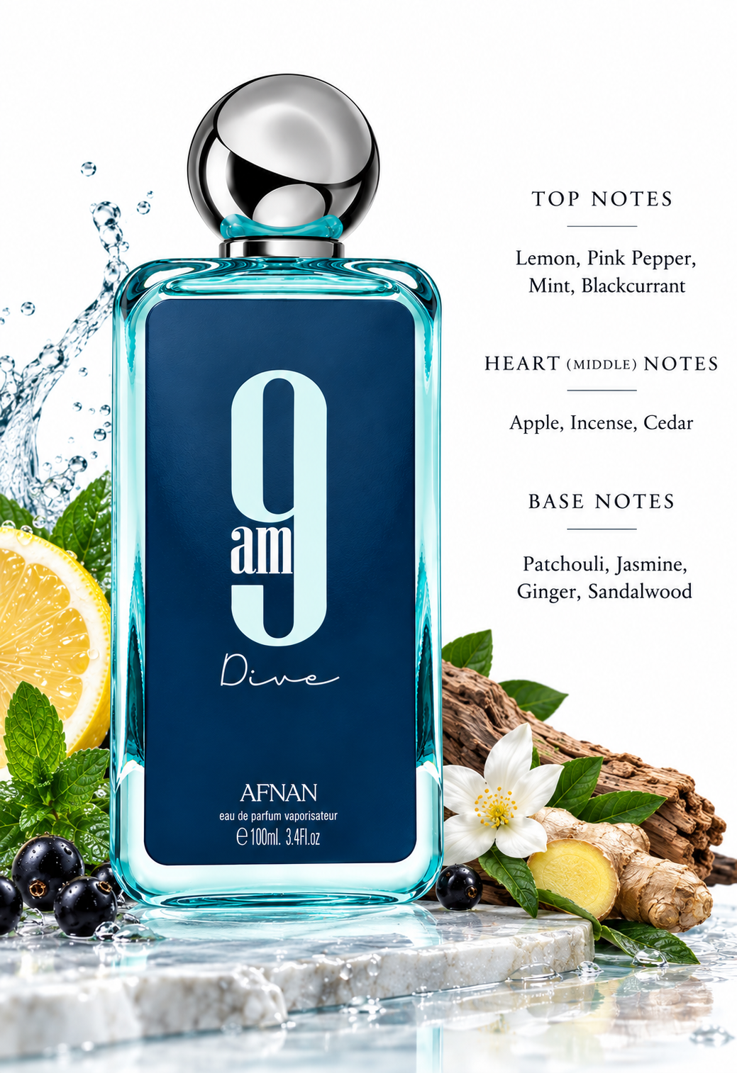 Afnan 9AM Dive presented in a fresh aquatic setting with lemon, mint, blackcurrant, ginger, jasmine and woody elements, visually highlighting its bright citrus, aromatic and woody fragrance profile alongside the Top, Heart and Base Notes.