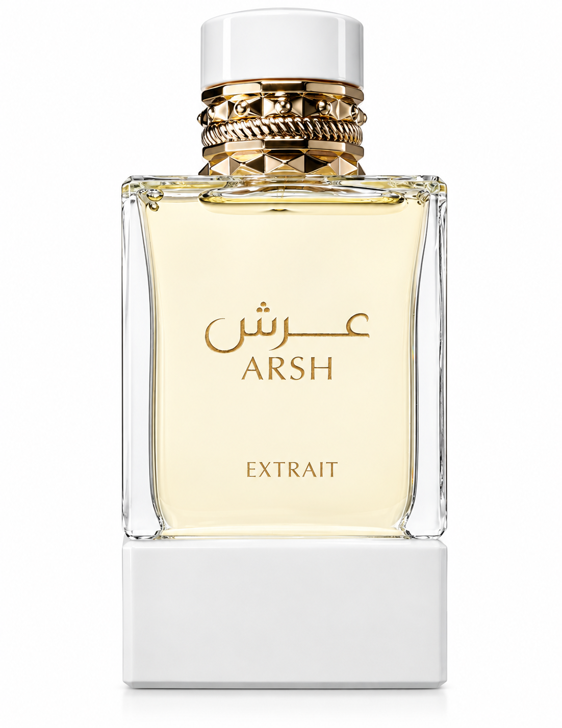 French Avenue Arsh Extrait perfume in a clear rectangular glass bottle with pale golden fragrance, elegant white cap and base, ornate gold detailing and Arabic Arsh branding on a clean white background.