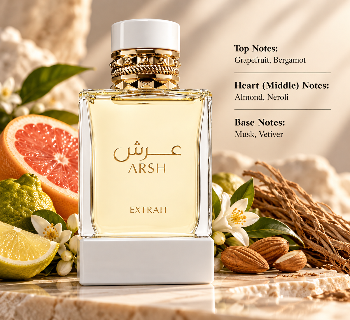 French Avenue Arsh Extrait perfume presented in a warm elegant setting with grapefruit, bergamot, neroli blossoms, almonds and vetiver, reflecting its fresh citrus, aromatic, creamy and musky woody fragrance profile.