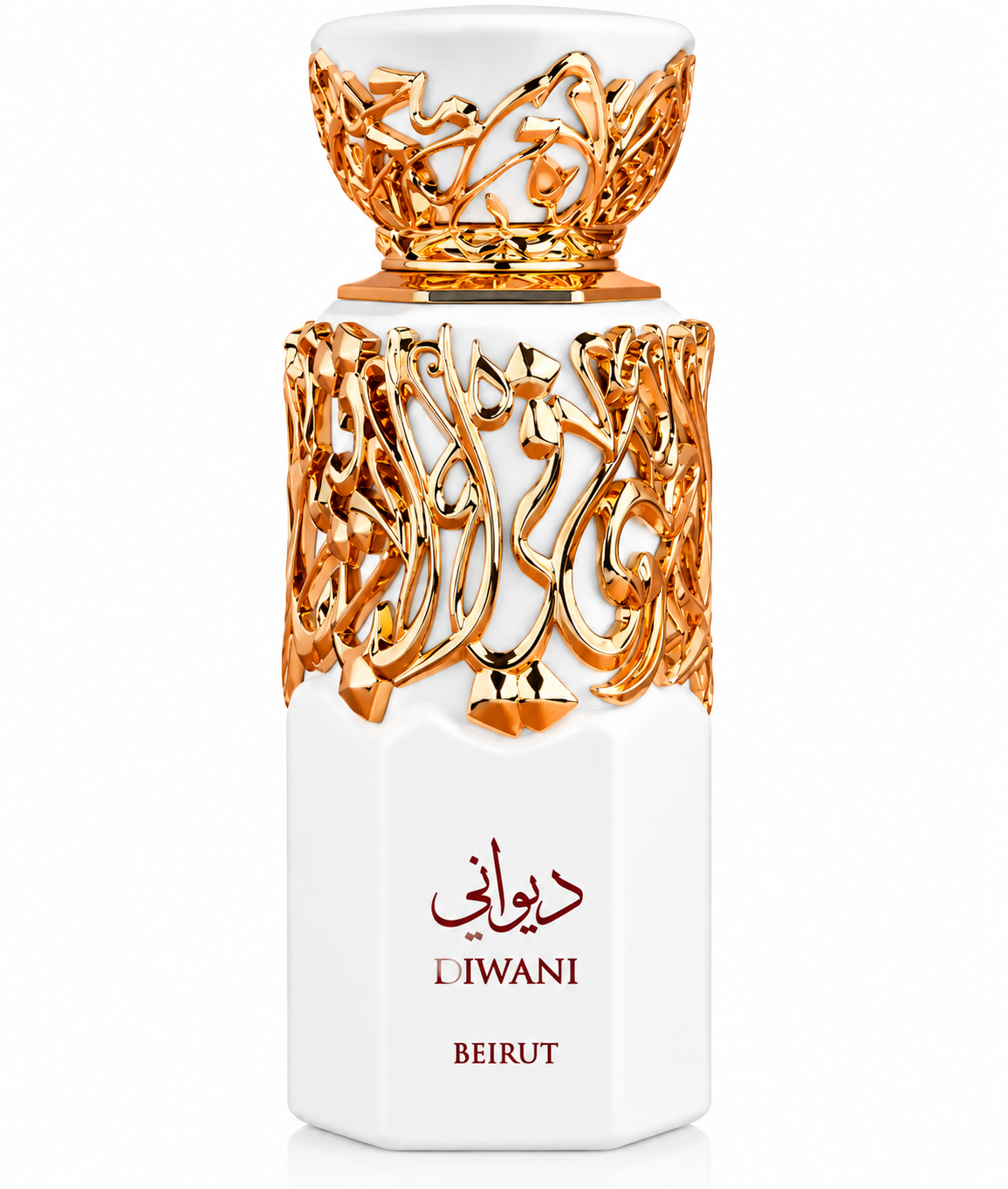 French Avenue Diwani Beirut perfume in an elegant white bottle with intricate rose-gold Arabic-inspired detailing, sculpted decorative cap and red Diwani Beirut branding on a clean white background.