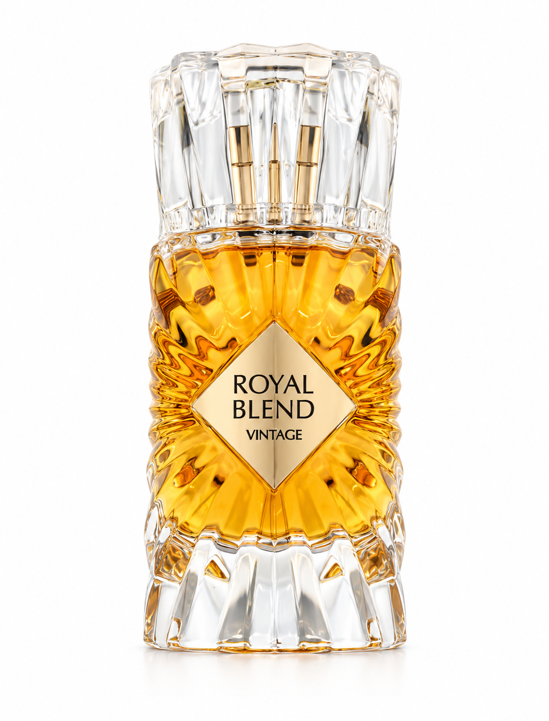 Royal Blend Vintage luxury perfume bottle featuring rich amber-colored fragrance, an intricately sculpted crystal-effect glass design, a diamond-shaped gold label and an elegant transparent faceted cap. Premium fragrance photography against a pure white background.