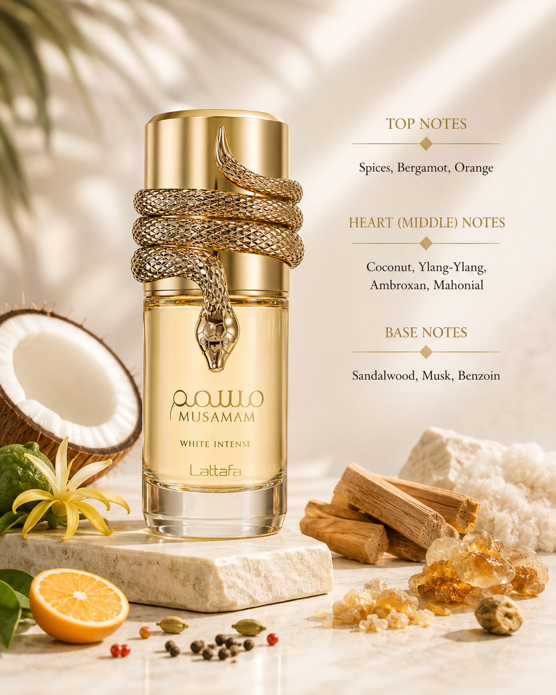 Lattafa Musamam White Intense Eau de Parfum 100ml elegantly displayed on a refined marble surface surrounded by fresh orange, coconut, ylang-ylang flowers, aromatic spices, creamy sandalwood, golden benzoin resin and soft white mineral textures, creating a luxurious tropical woody atmosphere that perfectly reflects its warm, creamy and sophisticated fragrance profile.