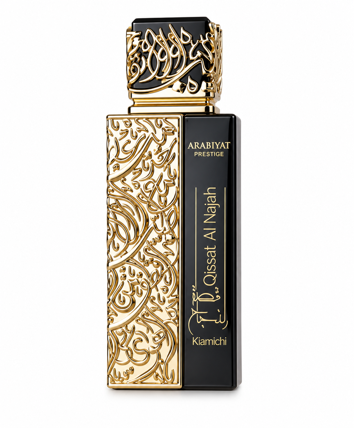 Arabiyat Prestige Qissat Al Najah Kiamichi 100ml EDP, featuring a striking rectangular black bottle contrasted with intricate sculpted gold Arabic calligraphy, matching ornate cap and refined gold typography, presented on a pristine white background.