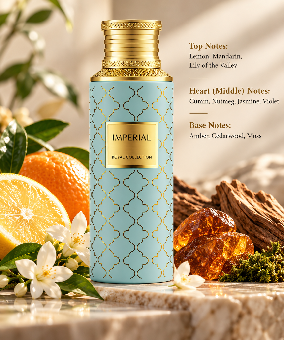 Maison Asrar Imperial Royal Collection 100ml Eau de Parfum displayed on elegant beige marble with fresh citrus fruits, delicate white flowers, amber crystals and cedarwood. A luxurious citrus floral fragrance featuring lemon, mandarin, jasmine, violet, amber and woody notes in a warm, refined setting.