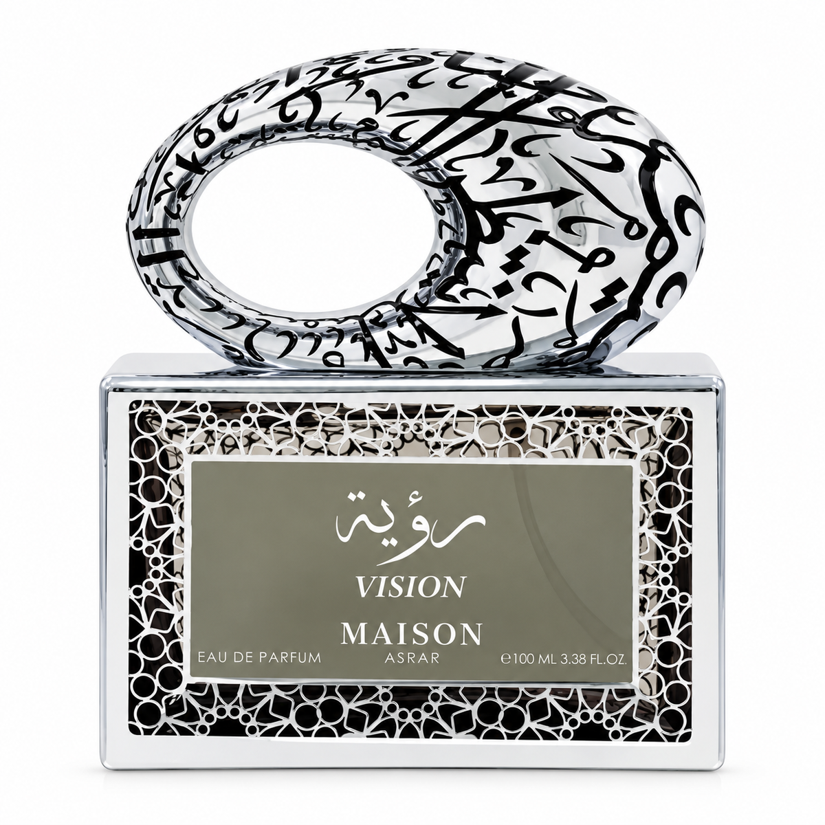 Maison Asrar Vision 100ml Eau de Parfum featuring a luxurious rectangular silver perfume bottle with intricate geometric detailing, an elegant grey label and a distinctive transparent oval cap decorated with black Arabic calligraphy, photographed against a pure white background.