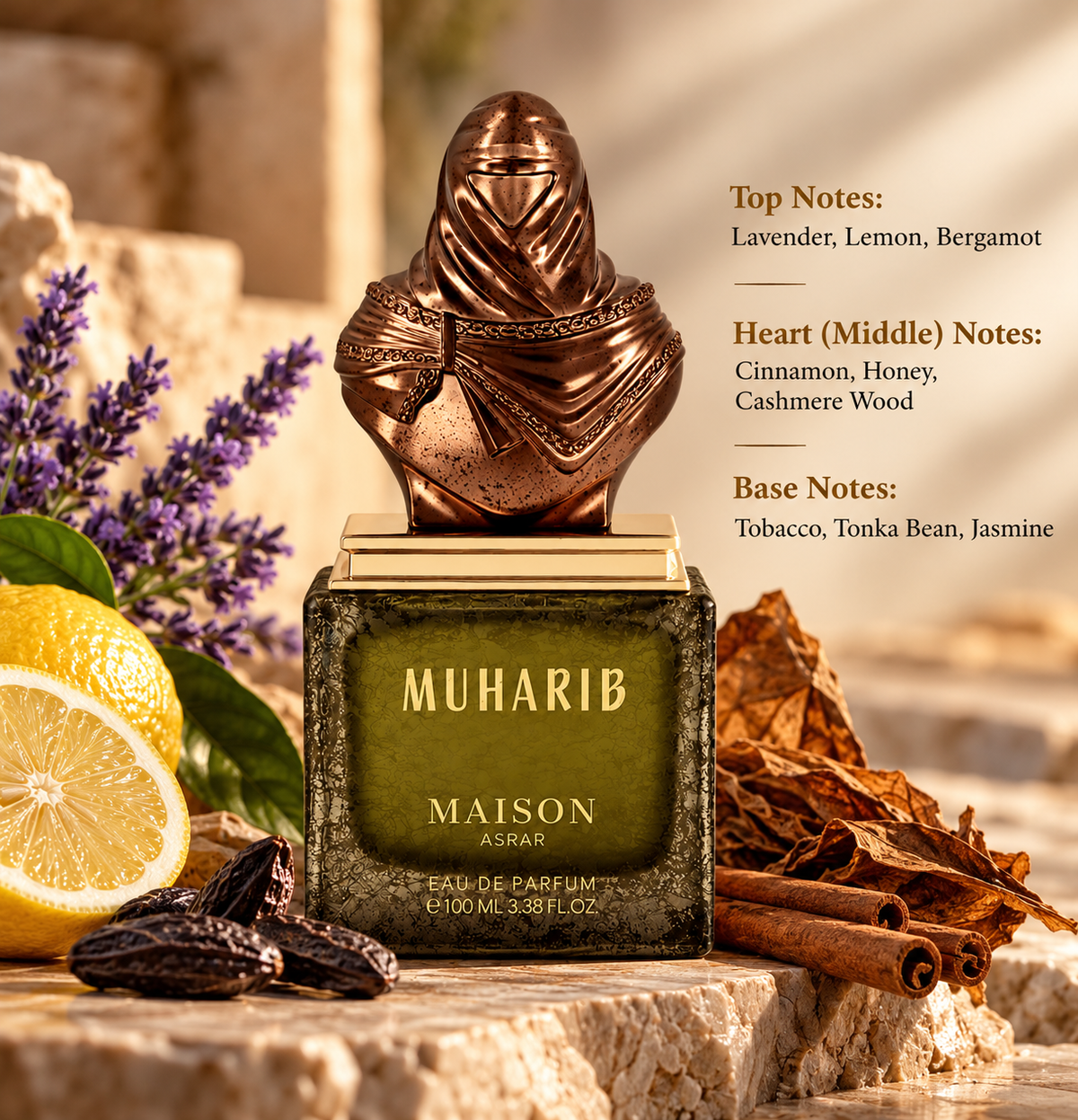 Maison Asrar Muharib 100ml Eau de Parfum displayed on natural beige stone with fresh lemon, lavender, cinnamon sticks, tobacco leaves and tonka beans. A luxurious warm, spicy and aromatic fragrance with lavender, bergamot, honey, cashmere wood and tobacco notes.
