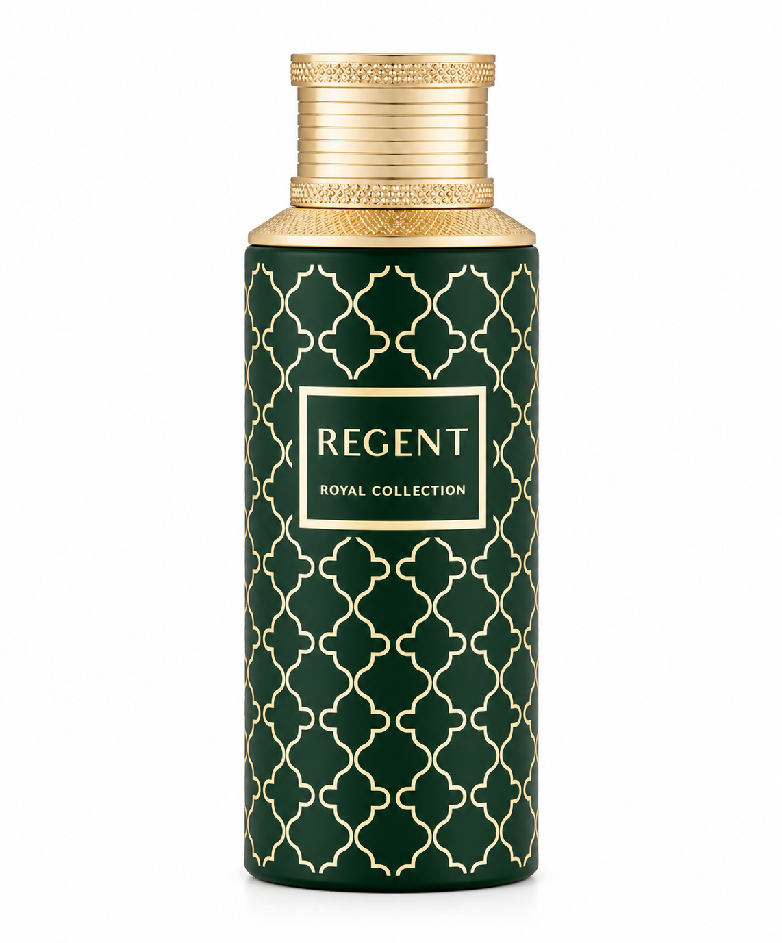 Maison Asrar Regent Royal Collection 100ml Eau de Parfum featuring an elegant deep emerald-green bottle with intricate gold geometric patterns, a luxurious gold cap and refined Regent lettering. Premium Arabian perfume photographed against a pure white background.
