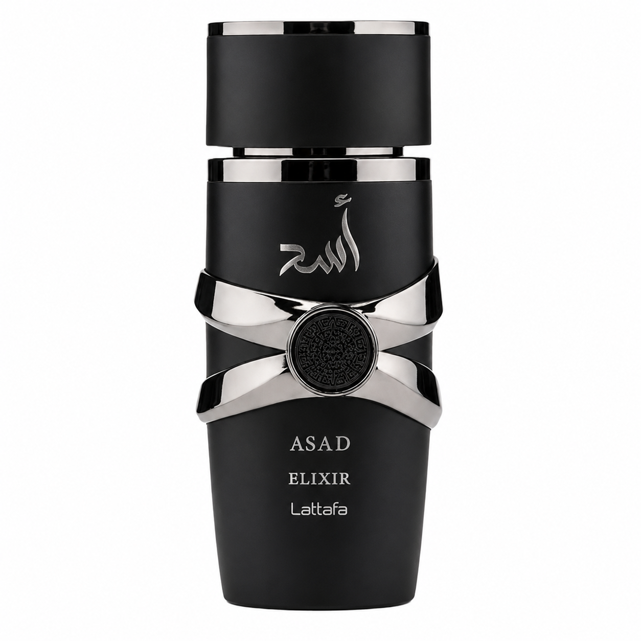 Lattafa Asad Elixir Eau de Parfum luxury men's fragrance in a matte black bottle with silver metallic details, photographed on a pure white background for premium e-commerce presentation.
