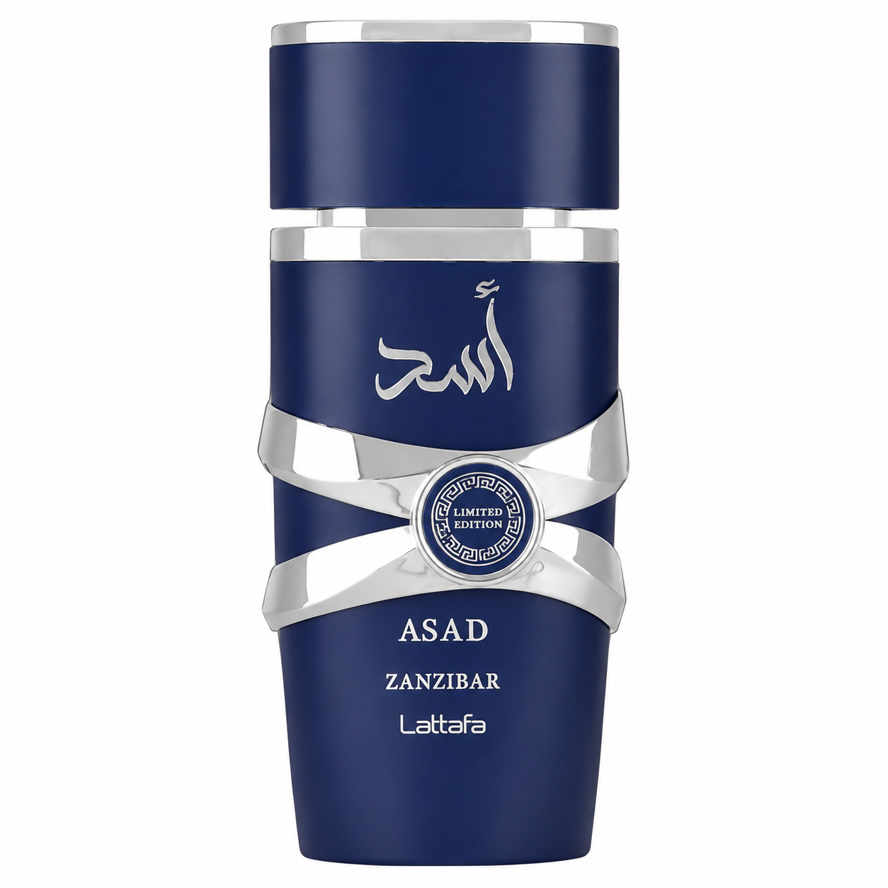 Lattafa Asad Zanzibar Eau de Parfum in a deep navy blue bottle with silver accents, presented on a clean white background. A sophisticated woody aromatic fragrance with a modern masculine character, captured in a premium high-resolution studio product image.