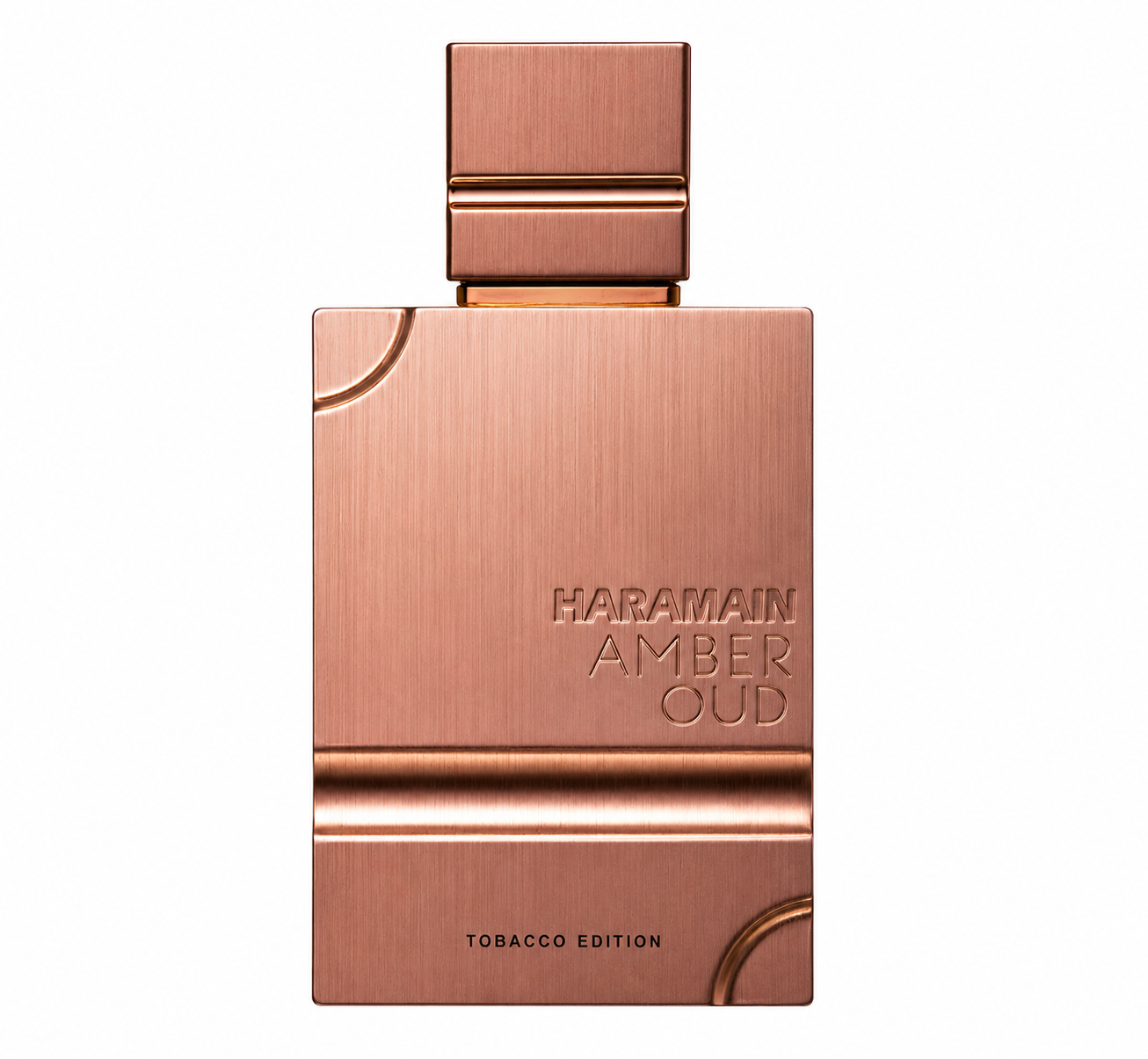 Al Haramain Amber Oud Tobacco Edition perfume in a sophisticated copper-bronze bottle with a brushed metallic finish, photographed on a clean white background.