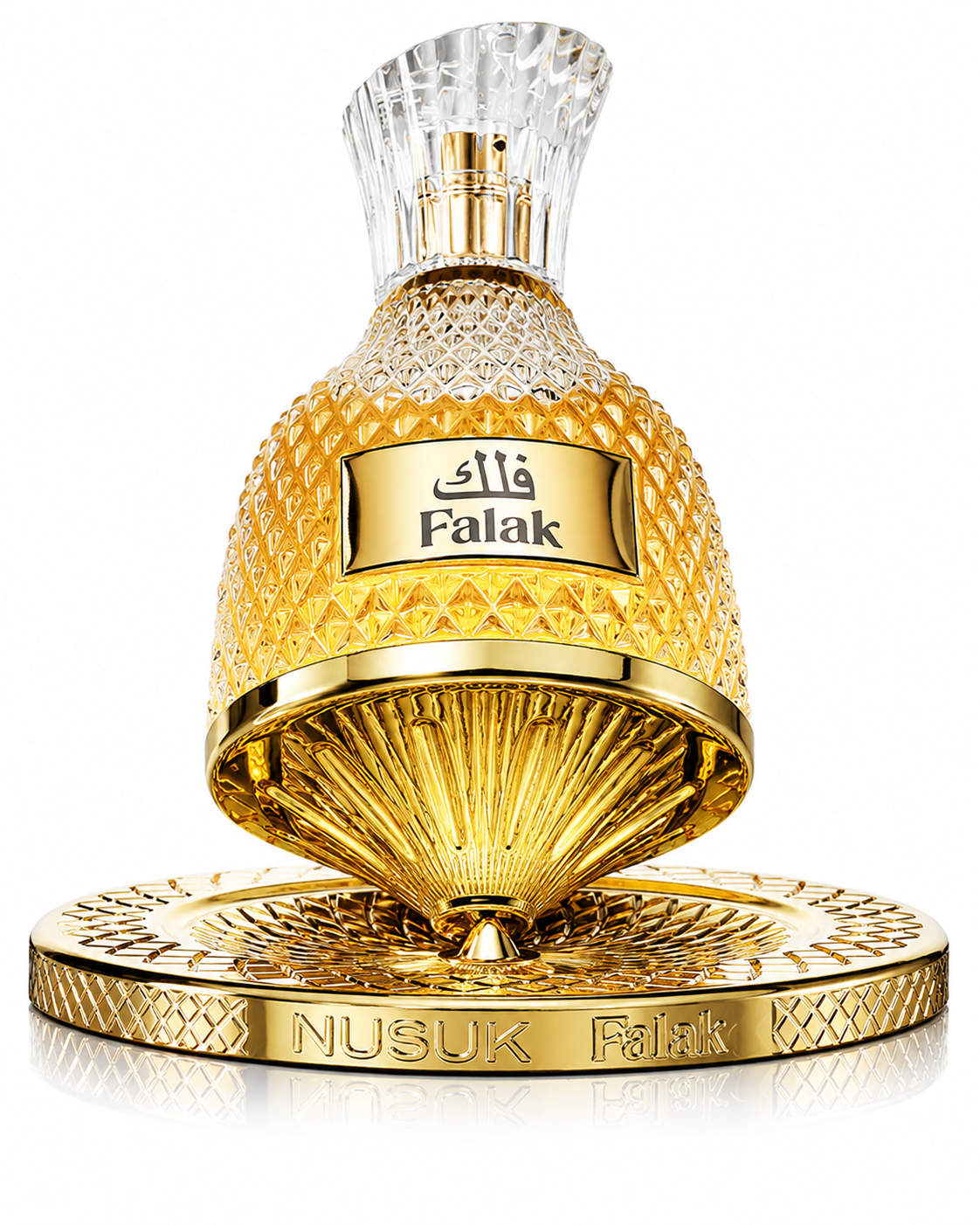 NUSUK Falak Eau de Parfum in an exquisitely crafted golden fragrance bottle with intricate geometric detailing, a crystal-inspired cap, and luxurious metallic accents, displayed on a clean white background. This premium oriental perfume combines elegant Arabian design with a sophisticated aesthetic, making it an exceptional luxury fragrance for both men and women.
