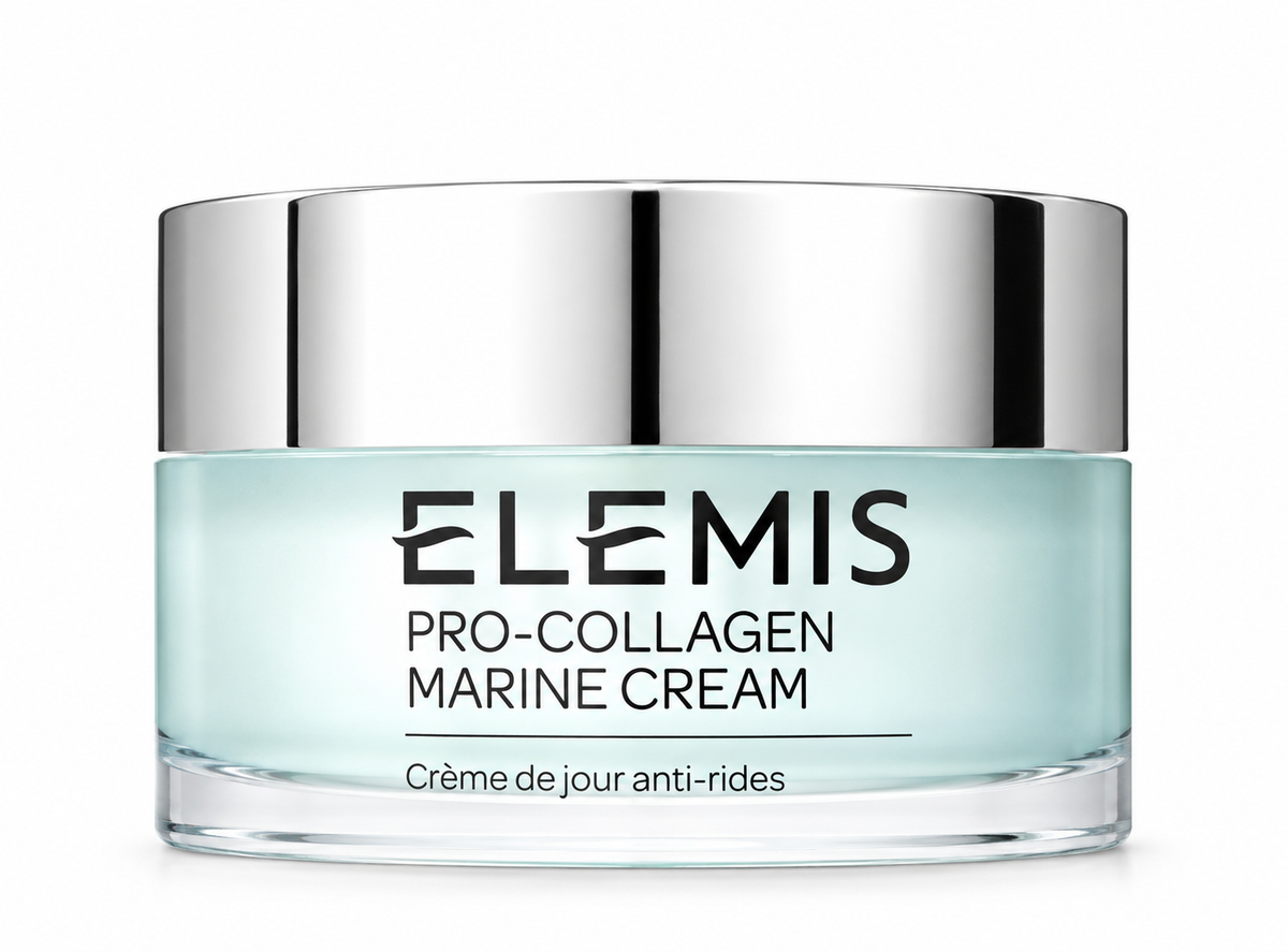ELEMIS Pro-Collagen Marine Cream anti-wrinkle day moisturizer in an elegant pale blue glass jar with a reflective silver lid, photographed against a clean white background. Premium anti-aging facial cream designed to hydrate, smooth fine lines and improve skin firmness.