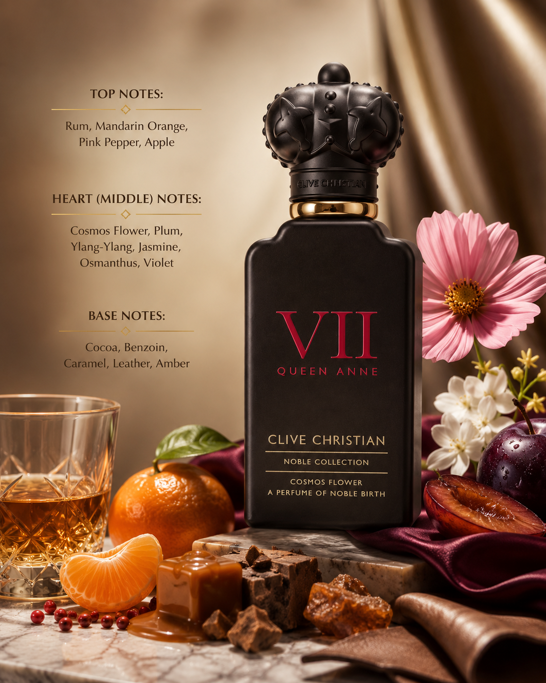 Clive Christian VII Queen Anne Cosmos Flower, exact original bottle and branding, displayed in an elegant warm luxury setting. Surround with cosmos flowers, plum, mandarin, pink pepper, jasmine and subtle caramel, cocoa and amber elements. Rich beige and burgundy tones, soft dramatic lighting, premium photorealistic fragrance photography.