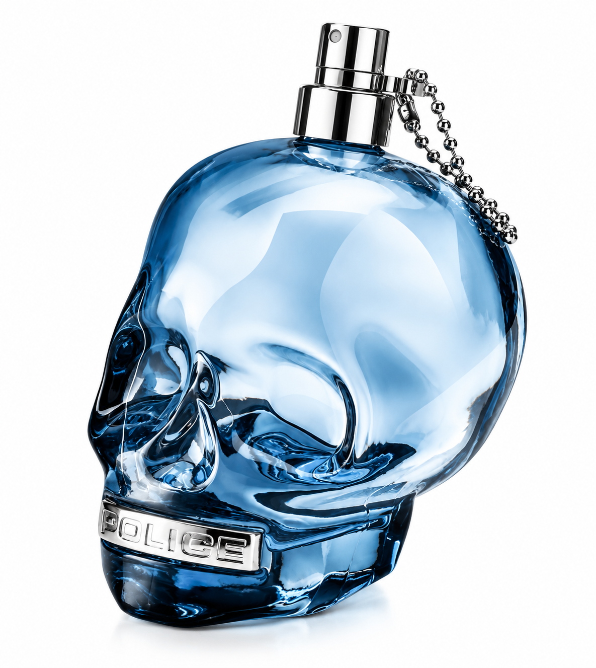 Police To Be Eau de Toilette presented in its iconic transparent blue skull-shaped glass bottle, featuring a polished silver spray mechanism, metallic ball-chain detail and embossed POLICE plaque, photographed against a clean pure white background.
