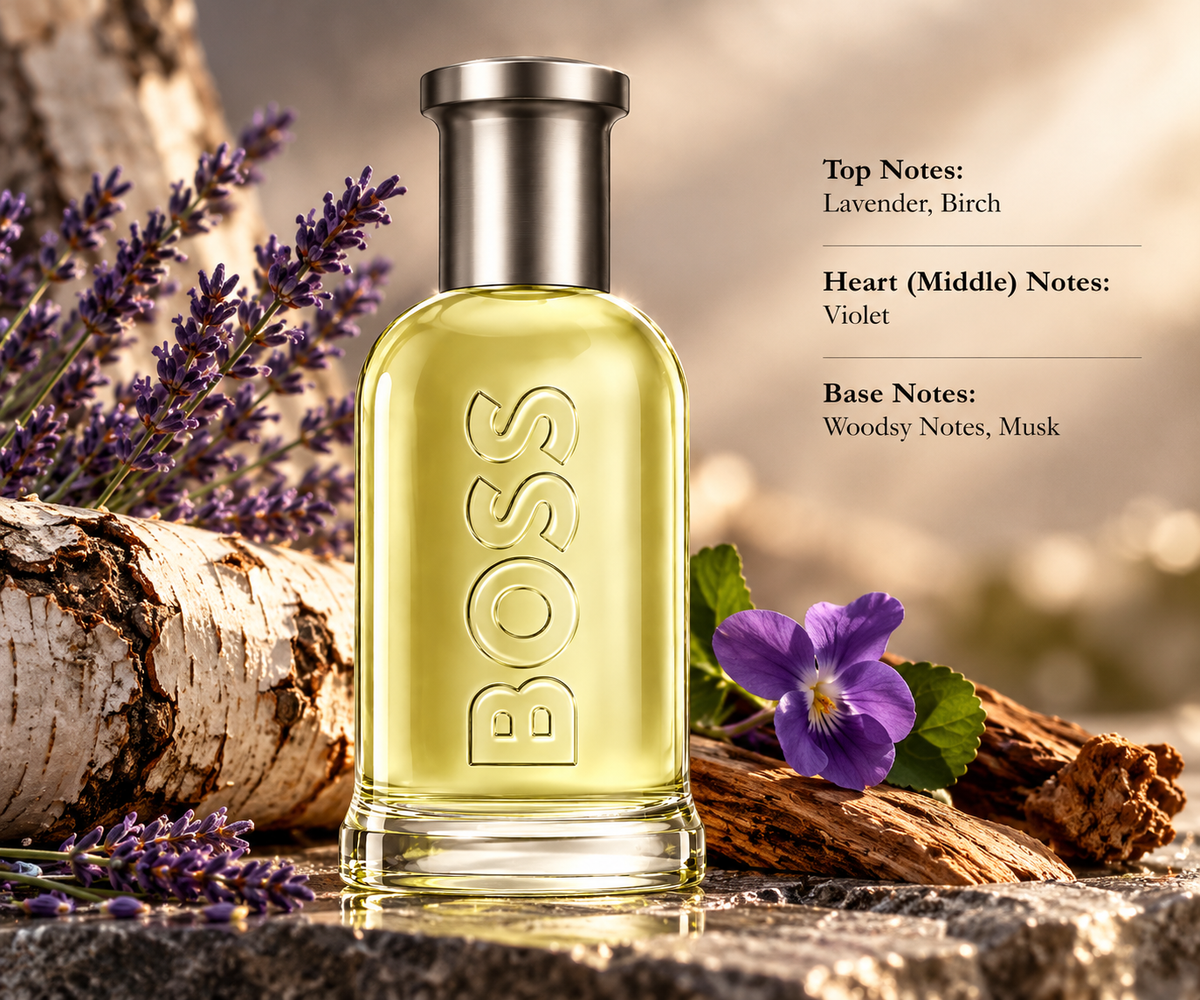 Hugo Boss Bottled men's fragrance in a golden glass bottle with a silver cap, surrounded by lavender, birch bark, purple violets and woody elements. Warm, elegant composition highlighting its aromatic floral and woody scent profile, with fragrance notes displayed alongside the bottle.