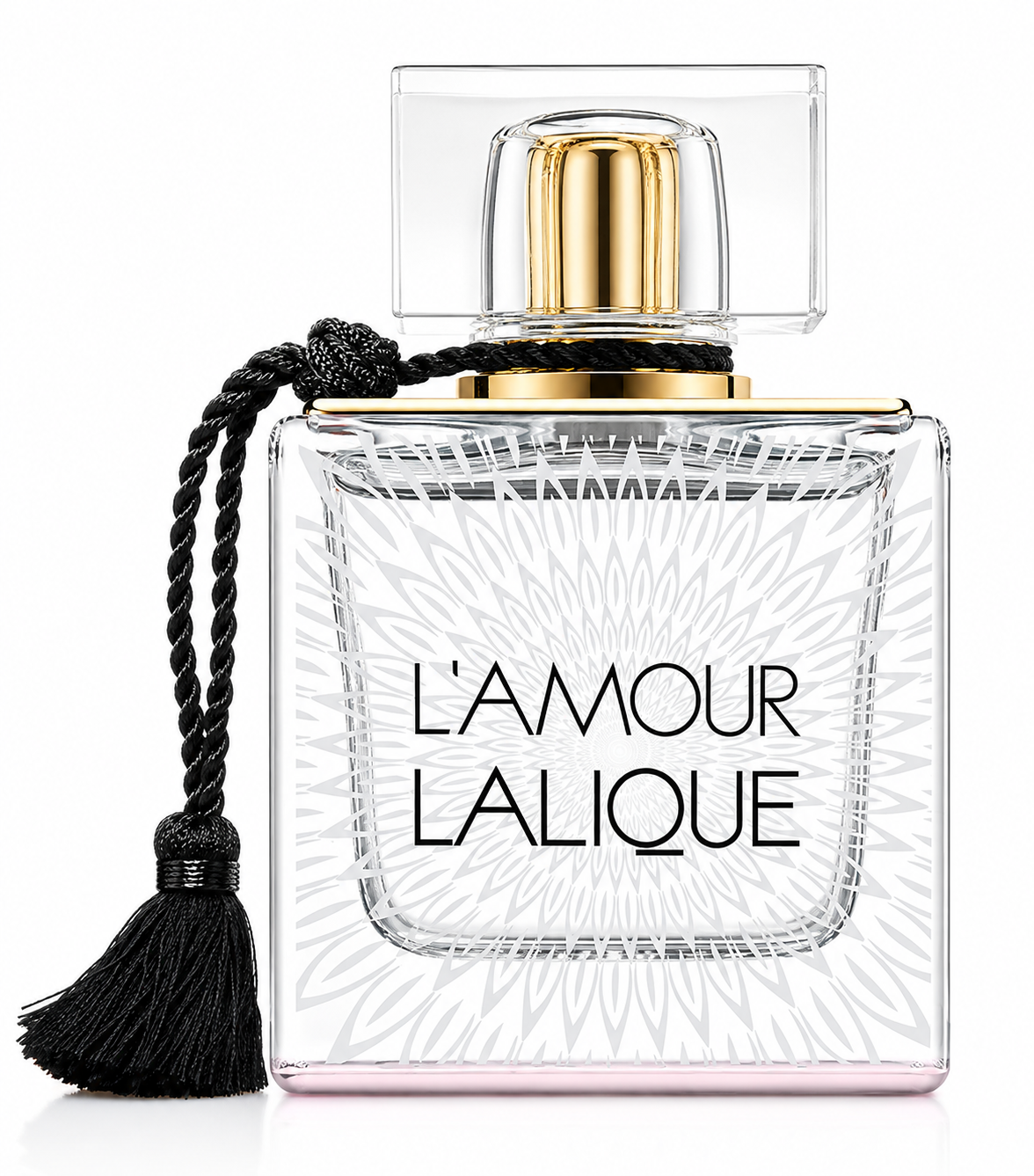 Lalique L'Amour Eau de Parfum presented in its elegant transparent square glass bottle featuring the signature frosted floral sunburst pattern, luxurious gold atomizer, crystal-clear rectangular cap and decorative black tassel, isolated on a flawless pure white background with premium studio lighting. The image highlights the intricate glass craftsmanship, delicate feminine design, crystal-clear reflections and refined French luxury, creating a sophisticated, premium e-commerce presentation.