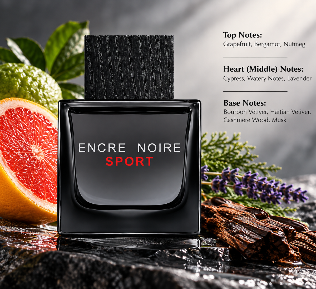Lalique Encre Noire Sport perfume in a fresh masculine setting with grapefruit, bergamot, lavender, cypress and woody vetiver accents, reflecting its aromatic, citrus, aquatic and woody fragrance character.