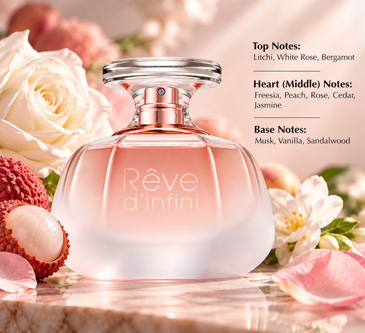 Lalique Rêve d’Infini perfume in a romantic floral setting with lychee, white rose and delicate blossoms, reflecting its feminine fruity-floral profile with soft musk, vanilla and sandalwood undertones.