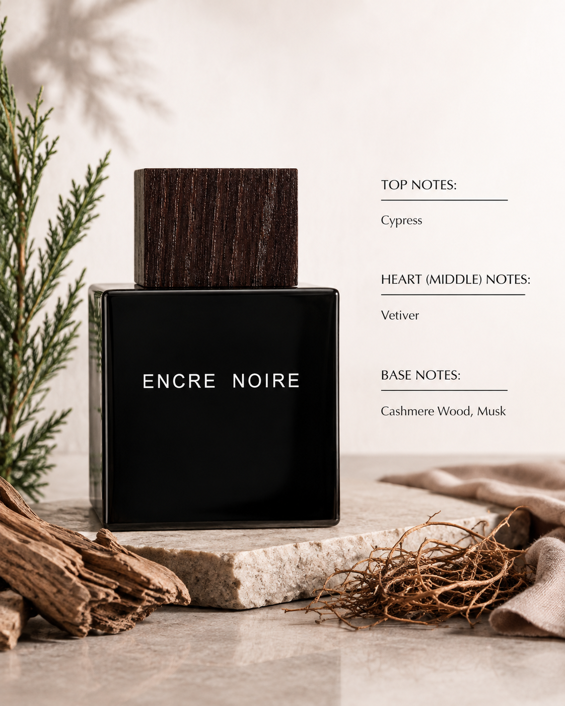 Lalique Encre Noire Eau de Toilette displayed with cypress, vetiver and woody elements, highlighting its deep, earthy, musky and sophisticated woody fragrance character.