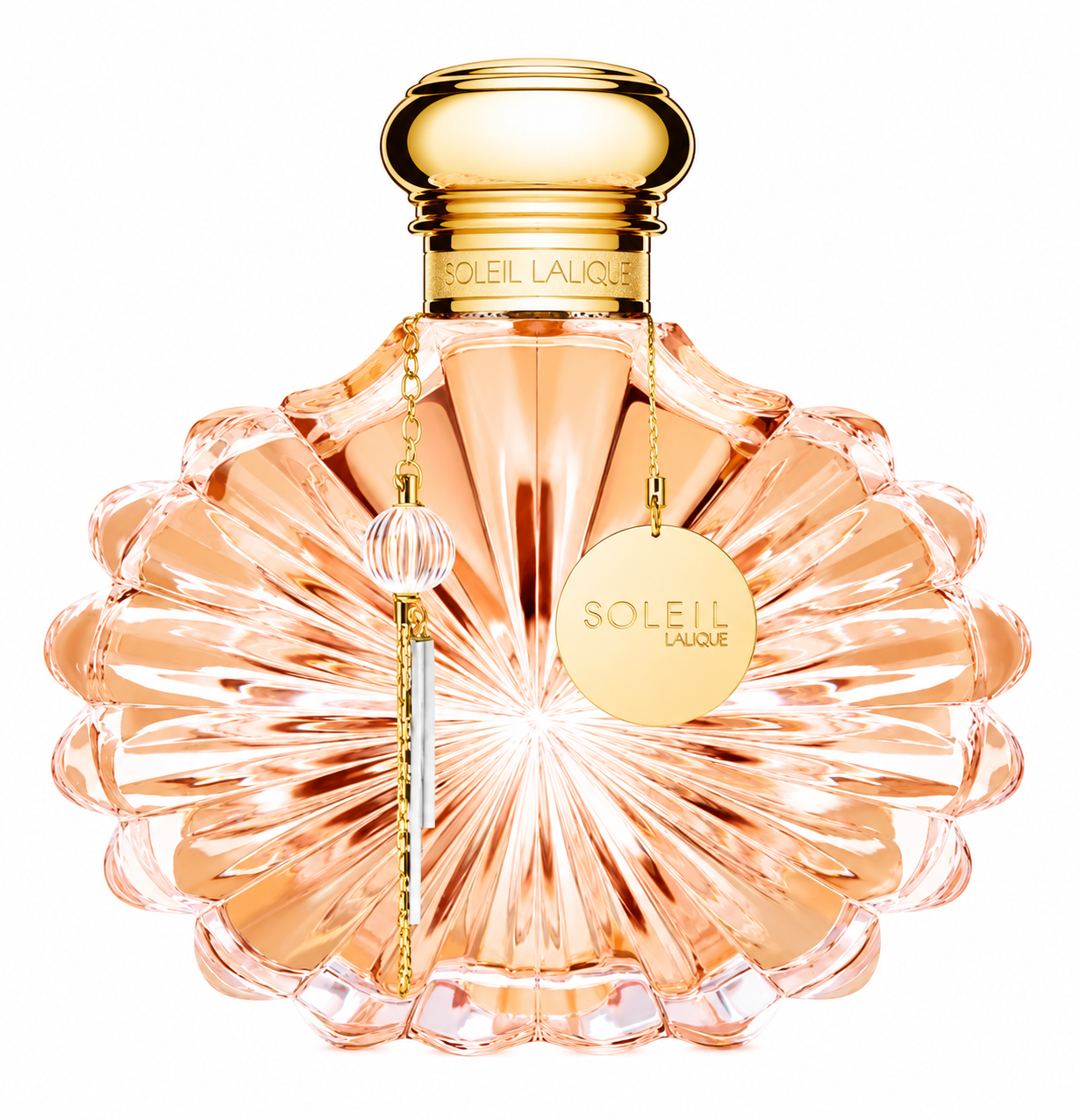 Lalique Soleil Eau de Parfum in an elegant peach-toned, sunburst-inspired glass bottle with luxurious gold detailing and decorative charms, photographed on a clean white background.