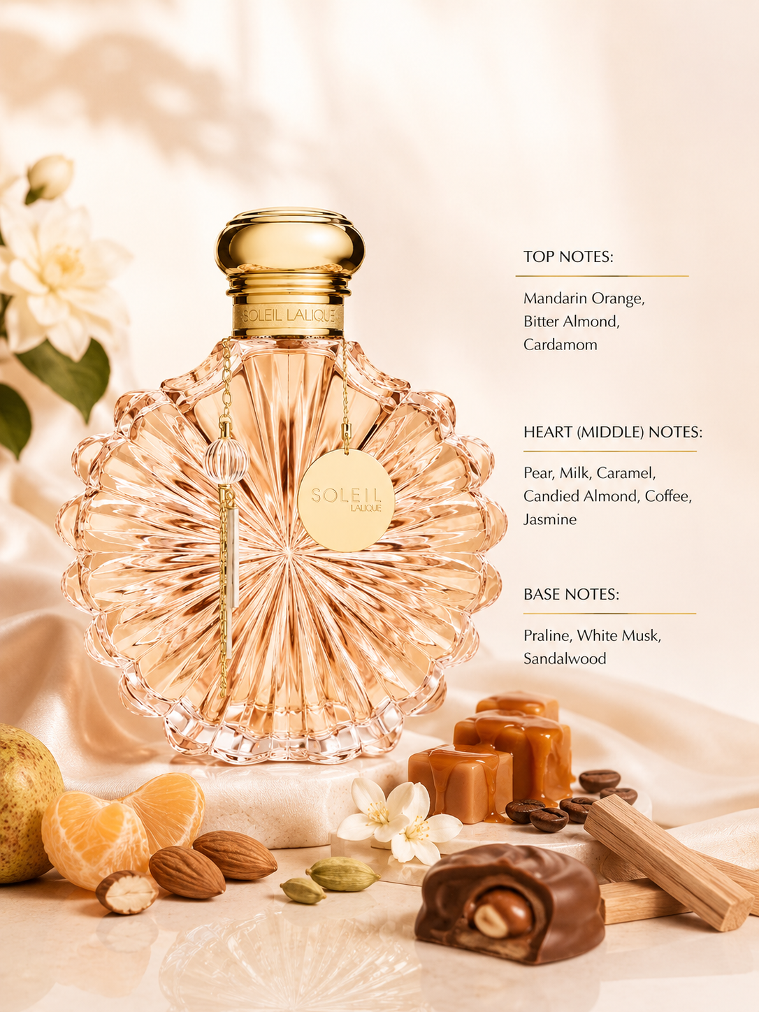 Lalique Soleil Eau de Parfum displayed with mandarin, pear, almond, caramel, coffee and sandalwood elements, highlighting its warm, creamy, sweet and gourmand fragrance character.