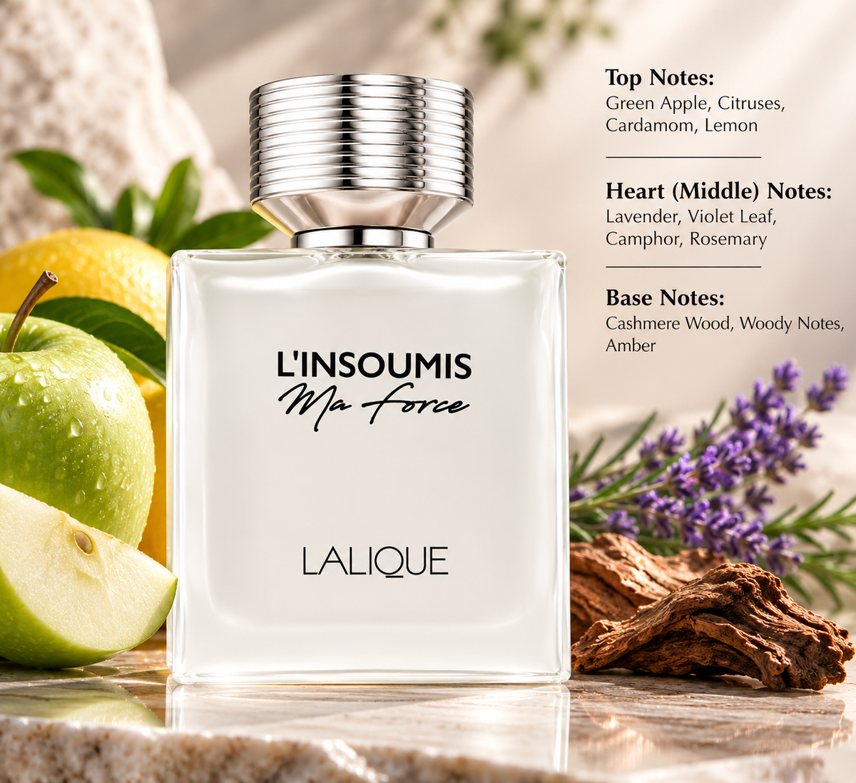 Lalique L’Insoumis Ma Force perfume in a fresh aromatic setting with green apple, lemon, lavender and natural wood accents, reflecting its citrus, herbal and woody fragrance character.