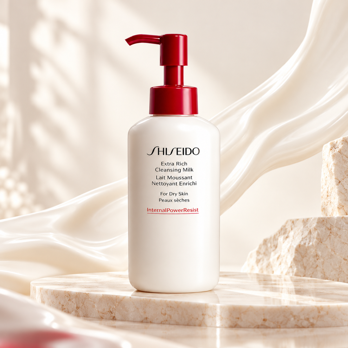 Shiseido Extra Rich Cleansing Milk for Dry Skin in a white bottle with a red pump, displayed on an elegant cream marble surface with flowing silky textures and warm neutral lighting. Premium facial cleanser for dry skin in a refined, luxurious skincare setting.