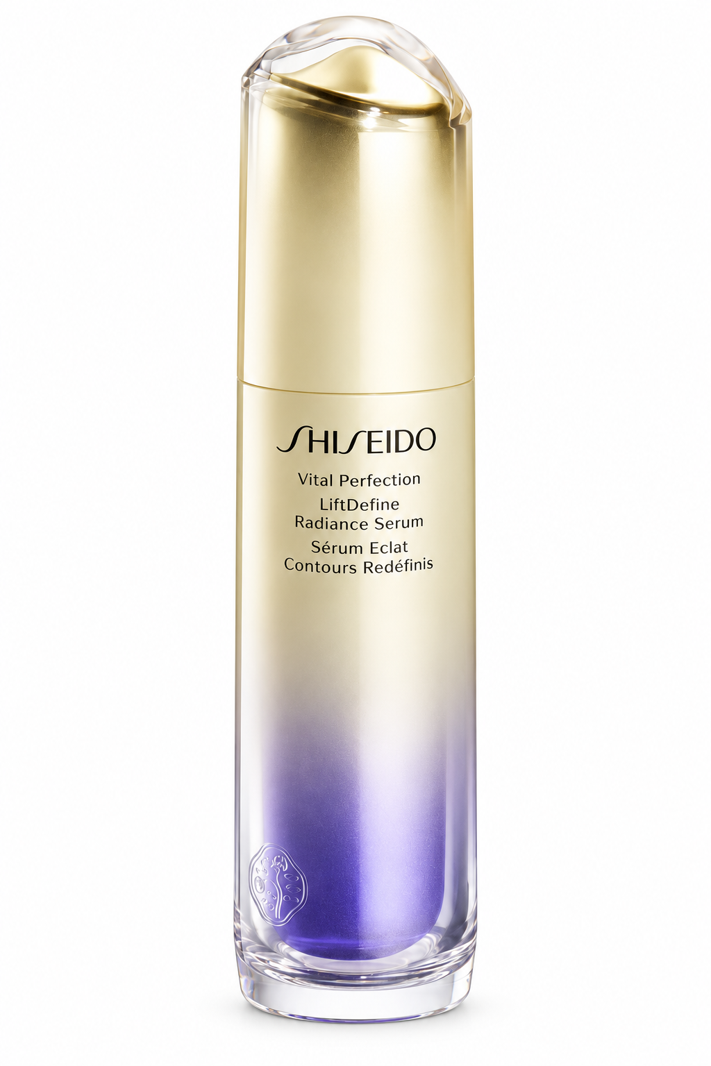 Shiseido Vital Perfection LiftDefine Radiance Serum in an elegant gold and violet gradient bottle with a sculpted transparent cap. Luxury Japanese anti-aging facial serum designed to improve the appearance of firmness, facial contours and skin radiance, photographed on a pure white background.