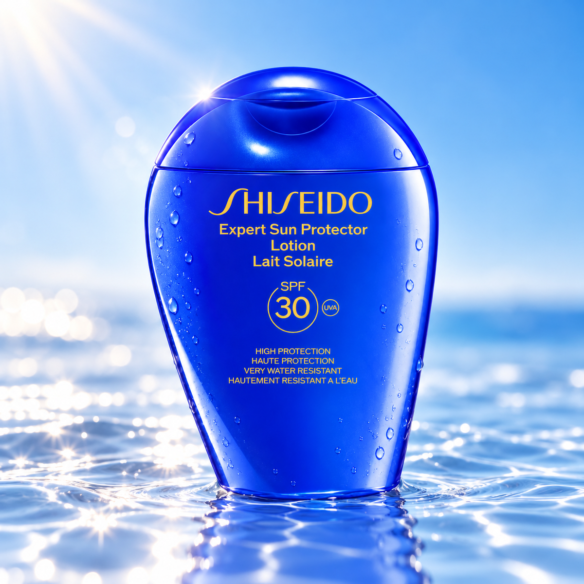 Shiseido Expert Sun Protector Lotion SPF 30 in a vibrant blue bottle with delicate water droplets, displayed on shimmering water under bright sunlight. Premium, very water-resistant sunscreen lotion offering UVA protection, presented in a fresh, luxurious summer skincare setting.