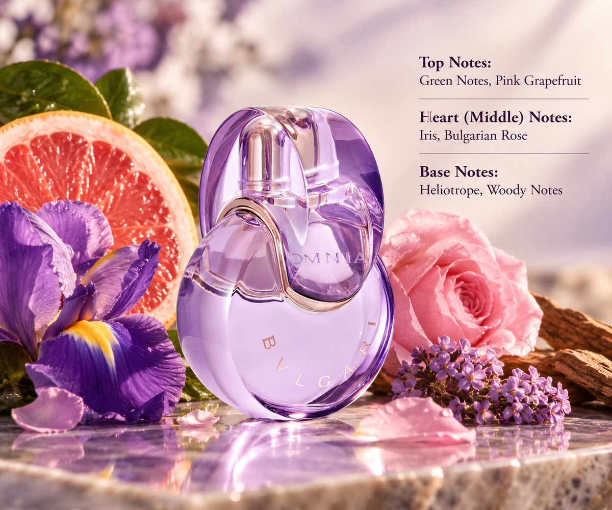 Bvlgari Omnia Amethyste Eau de Toilette for women in an elegant violet glass bottle, surrounded by fresh pink grapefruit, purple iris flowers, delicate pink roses and warm woody accents on a reflective marble surface, capturing its refined, fresh, powdery and floral fragrance.