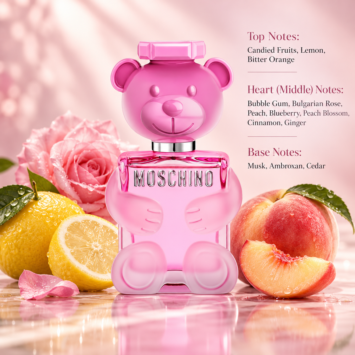 Moschino Toy 2 Bubble Gum Eau de Toilette for women in its playful pink teddy bear-shaped bottle, surrounded by fresh lemons, juicy peaches and delicate pink roses. A sweet fruity floral fragrance with candied fruits, bubble gum, Bulgarian rose, blueberry, musk and cedar, presented against an elegant pastel pink background.