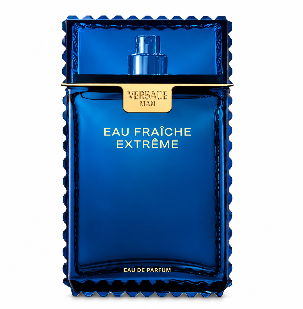 Versace Man Eau Fraîche Extrême Eau de Parfum for Men presented in its distinctive deep blue glass bottle with sculpted geometric edges, polished gold accents and signature Versace Man branding, photographed against a clean pure white background.