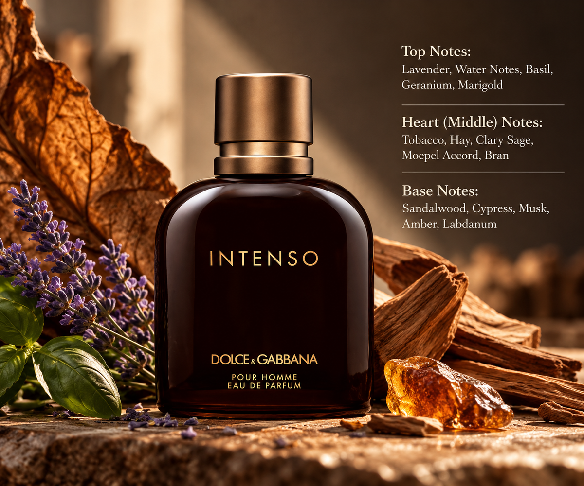 Dolce & Gabbana Intenso Pour Homme Eau de Parfum in a sophisticated dark brown bottle with bronze cap, surrounded by lavender, basil leaves, tobacco, warm sandalwood and amber, highlighting its rich aromatic, woody and masculine fragrance profile.