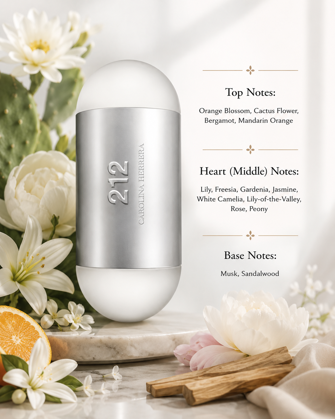 Carolina Herrera 212 NYC Women 60ml EDT displayed on a refined marble surface surrounded by vibrant bergamot and mandarin orange, delicate orange blossom, cactus flower, elegant lily, freesia, jasmine, gardenia, white camellia, peony and rose, complemented by creamy sandalwood and soft white musk, creating a fresh, luminous and sophisticated atmosphere that perfectly reflects its elegant floral fragrance.