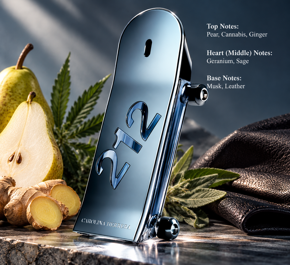 Carolina Herrera 212 Men Eau de Parfum in a sleek metallic blue skateboard-shaped bottle, surrounded by fresh pear, ginger, cannabis leaves, sage and black leather. A modern masculine fragrance with geranium, musk and leather notes, presented in a sophisticated, moody setting.