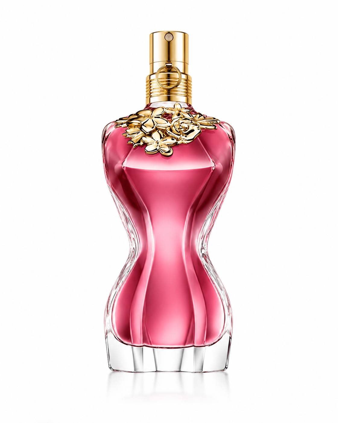 Jean Paul Gaultier Classique  EDT women's perfume in iconic pink corset bottle with gold floral collar on white background.