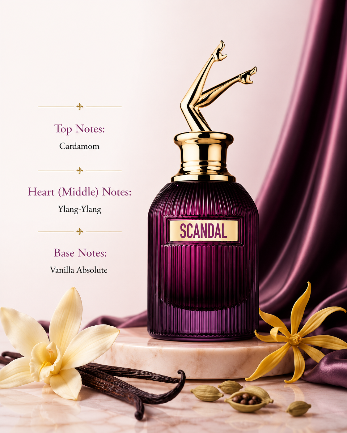 Jean Paul Gaultier Scandal Intense For Her EDP surrounded by cardamom, ylang-ylang and vanilla pods reflecting its rich floral amber fragrance notes.
