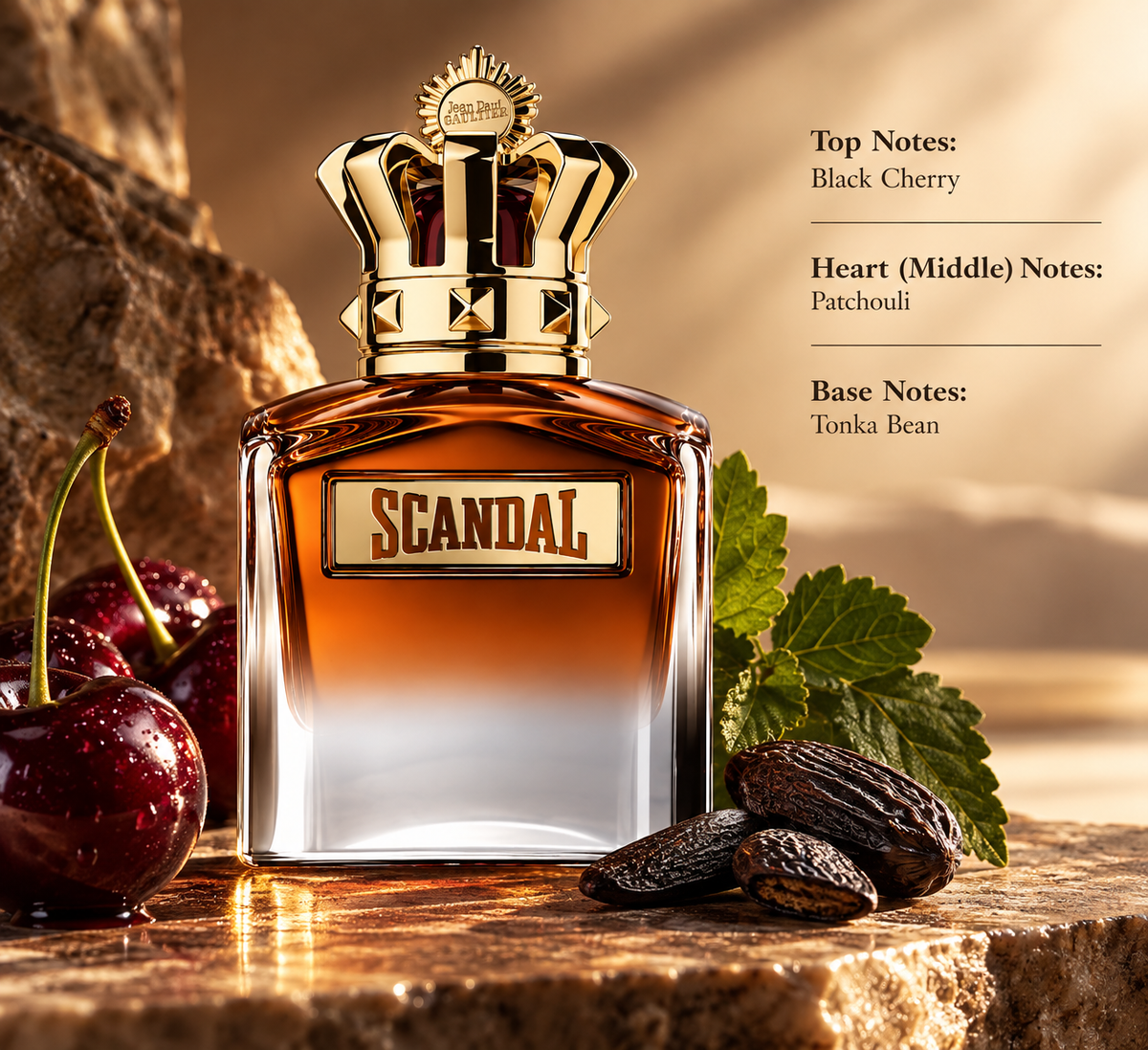 Jean Paul Gaultier Scandal Pour Homme fragrance bottle in an elegant warm setting with black cherries, patchouli leaves and tonka beans, visually reflecting its rich, sensual fragrance notes.