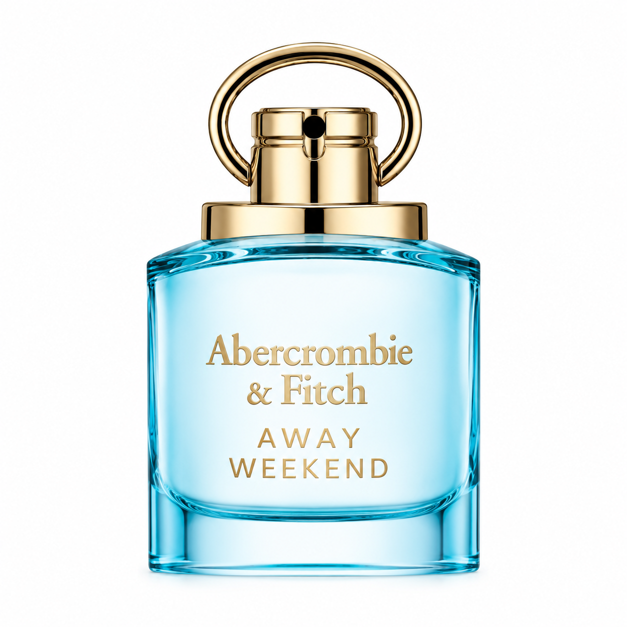 Abercrombie & Fitch Away Weekend 100ml EDP for Women in a turquoise glass bottle with a gold cap, isolated on a pure white background.