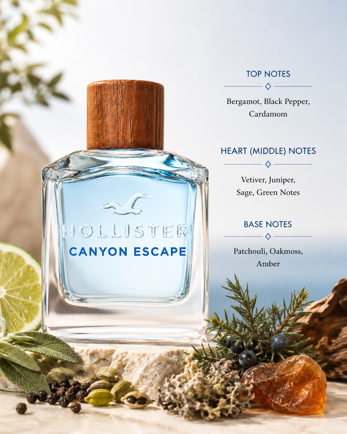 Hollister Canyon Escape, exact original bottle and branding, in a fresh outdoors-inspired setting. Style with bergamot, black pepper, cardamom, sage, juniper, vetiver, oakmoss, patchouli and amber. Fresh blue, green and woody tones, soft natural sunlight, clean masculine aesthetic, premium photorealistic fragrance photography.