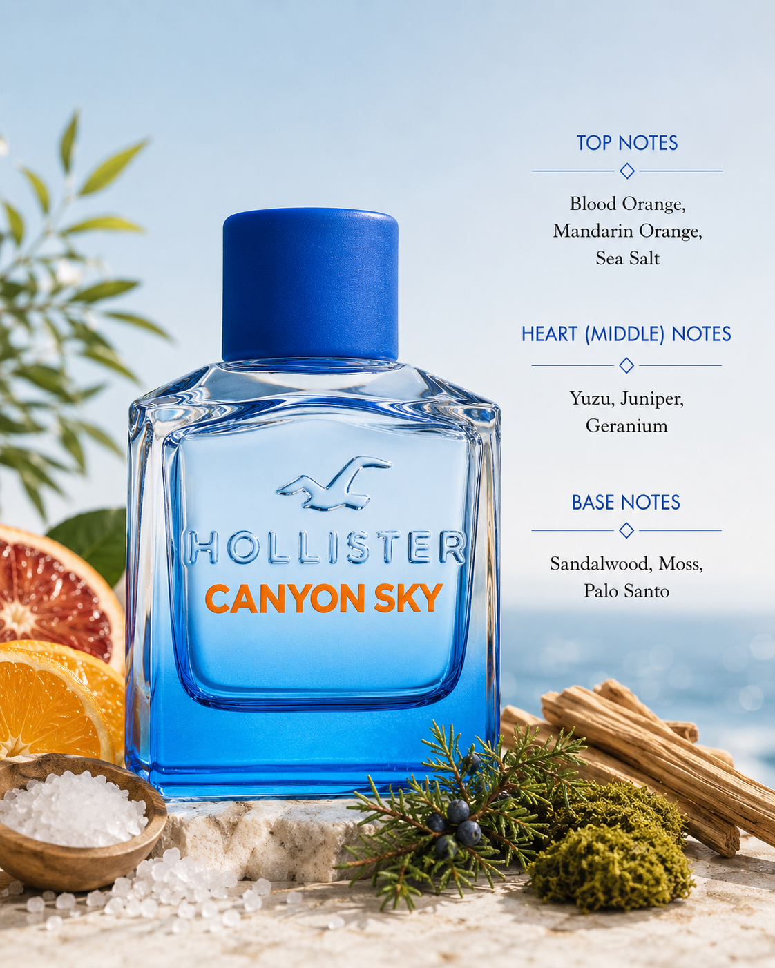 Hollister Canyon Sky, exact original bottle and branding, in a fresh coastal setting. Style with blood orange, mandarin, sea salt, yuzu, juniper, geranium, sandalwood, moss and palo santo. Bright blue and citrus tones, soft sunlight, airy ocean atmosphere, fresh masculine aesthetic, premium photorealistic fragrance photography.