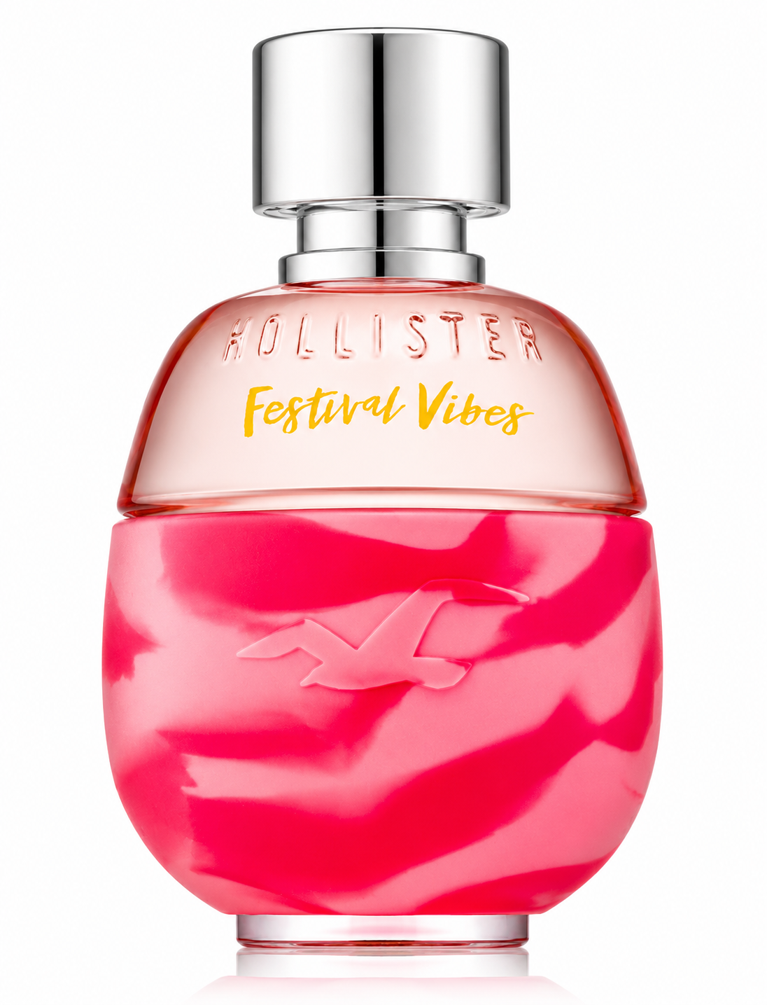 Hollister Festival Vibes for Her perfume bottle, front-facing and centered on pure white background. Preserve the exact pink glass bottle, silver cap, embossed Hollister branding, yellow Festival Vibes lettering and original pink pattern. Clean studio lighting, subtle shadow, sharp premium product photography.