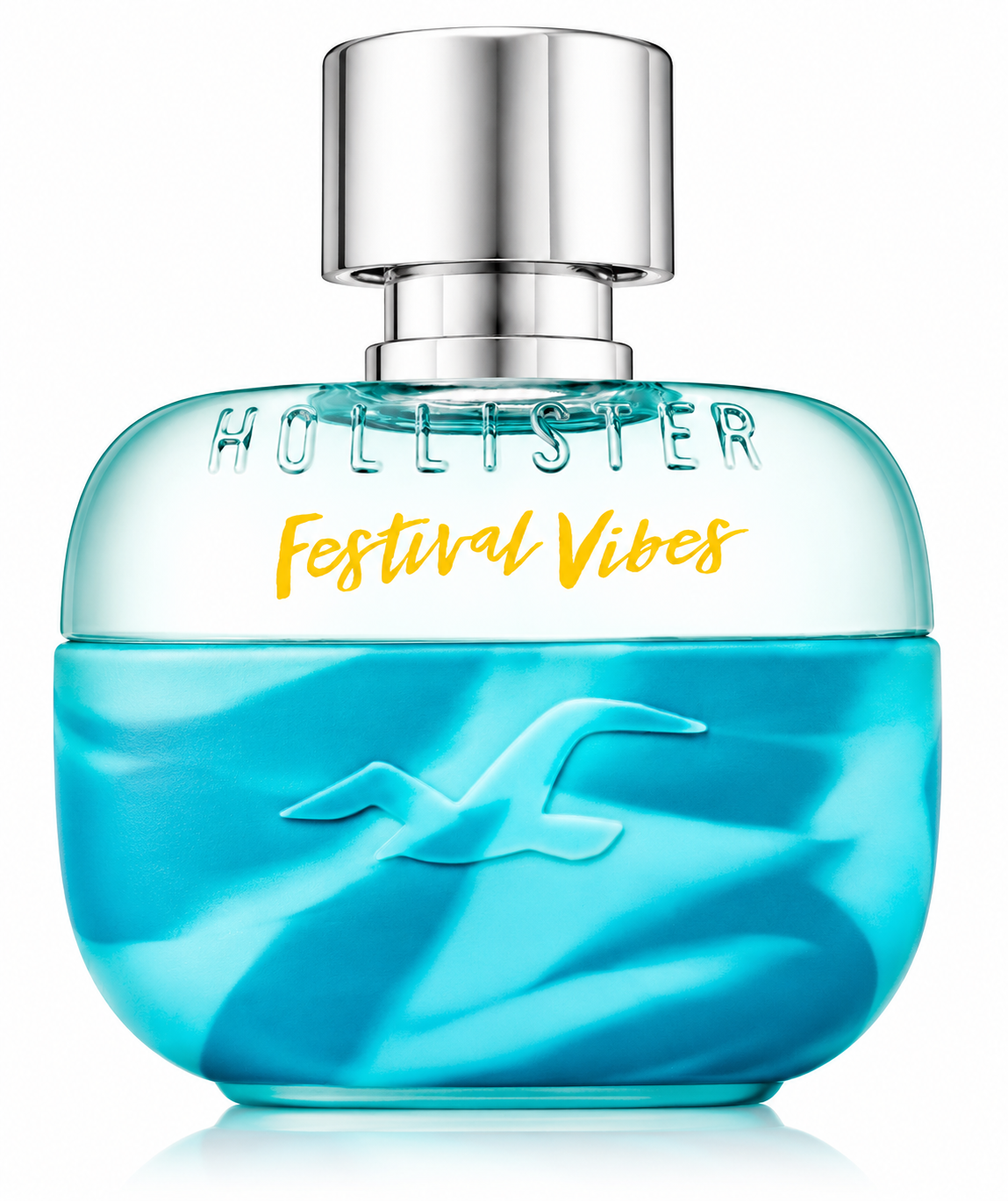 Hollister Festival Vibes for Him fragrance bottle, front-facing and centered on pure white background. Preserve the exact turquoise-blue bottle, silver cap, embossed Hollister branding, yellow Festival Vibes lettering and original wave pattern. Clean studio lighting, subtle shadow, sharp premium product photography.