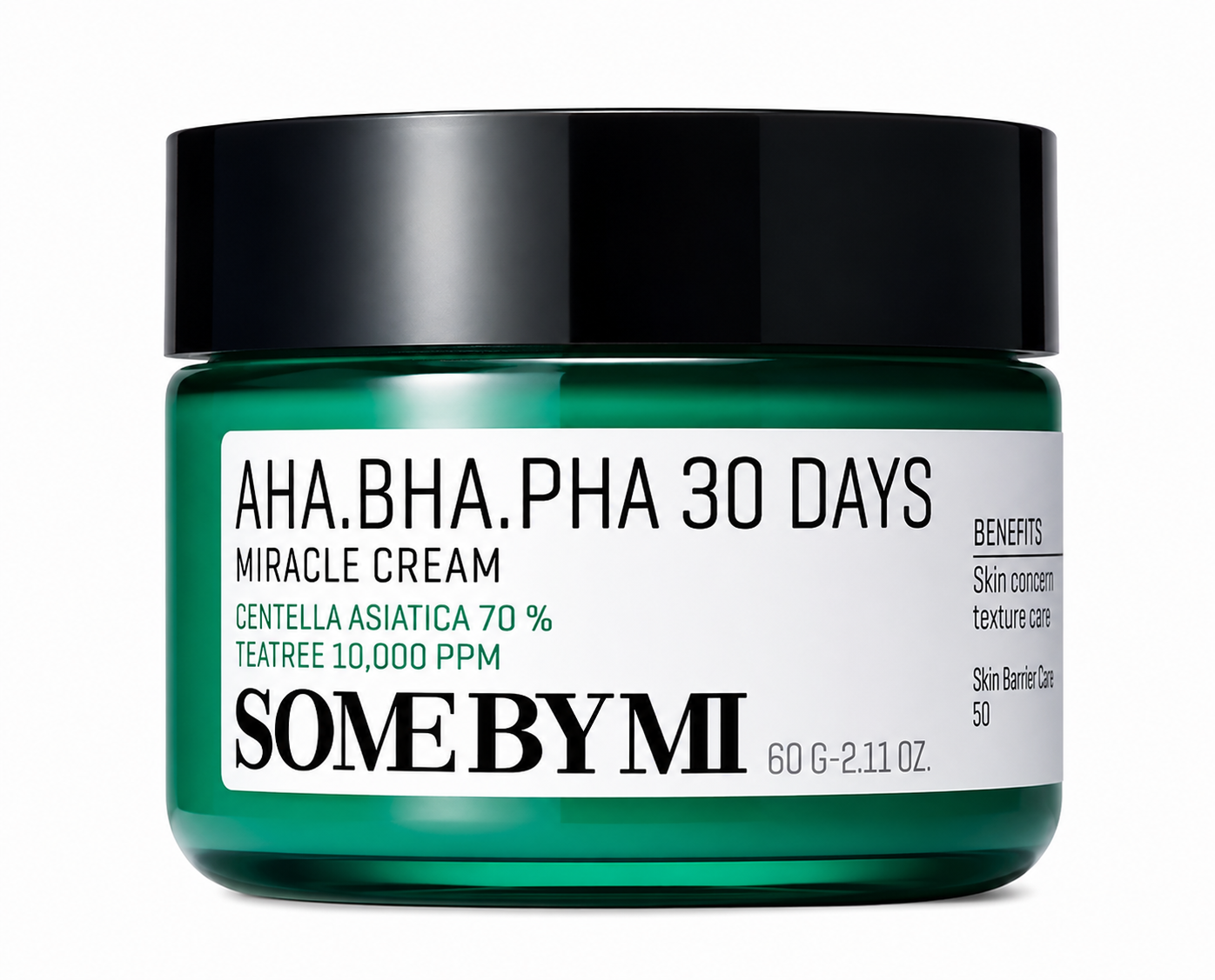 SOME BY MI AHA.BHA.PHA 30 Days Miracle Cream in its distinctive deep-green 60 g jar with black lid and clean white label, highlighting Centella Asiatica 70% and Tea Tree 10,000 ppm.
