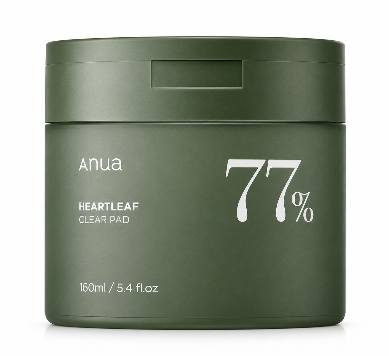 Anua Heartleaf 77% Clear Pad in its minimalist deep-green 160 ml container, featuring the clean white Anua branding and signature 77% Heartleaf design.