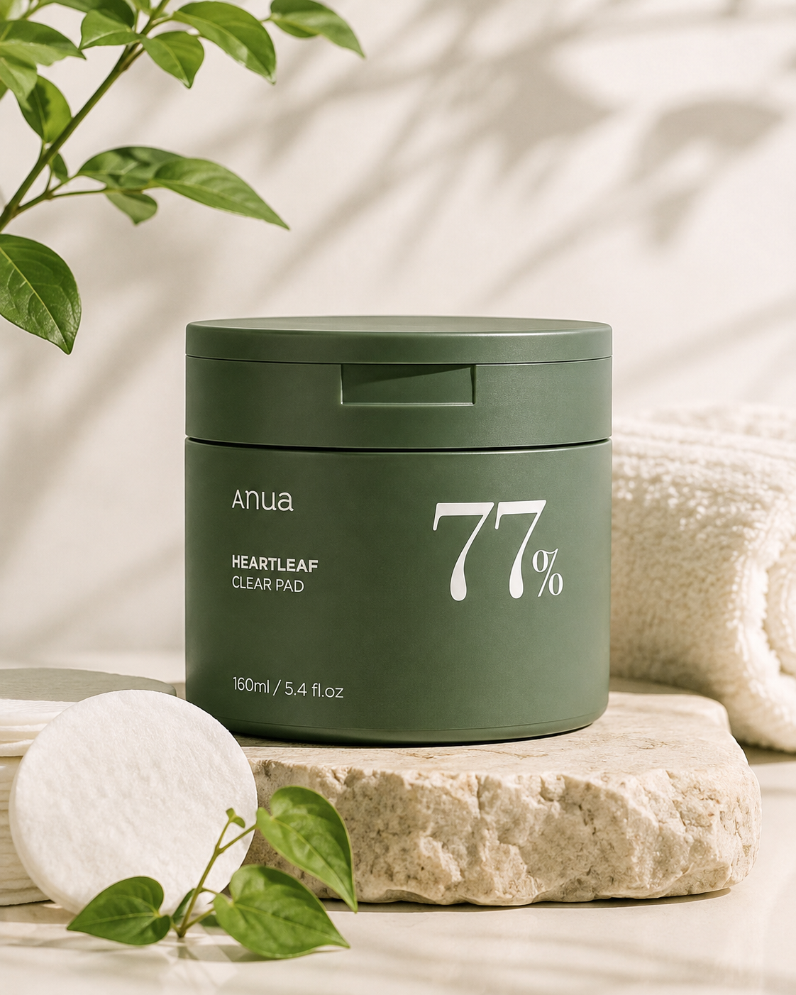 Anua Heartleaf 77% Clear Pad presented in a fresh, calming skincare setting with soft natural light, green heartleaf-inspired foliage and cleansing pads, emphasizing its clean and soothing skincare aesthetic.
