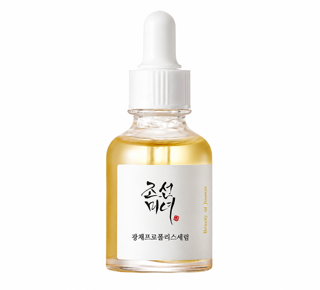 Beauty of Joseon Glow Serum Propolis + Niacinamide in a clear glass dropper bottle with golden serum and minimalist Korean skincare packaging, isolated on a clean white background. This lightweight facial serum helps brighten dull skin, refine pores, calm irritation, and provide deep hydration for a healthy, radiant complexion.