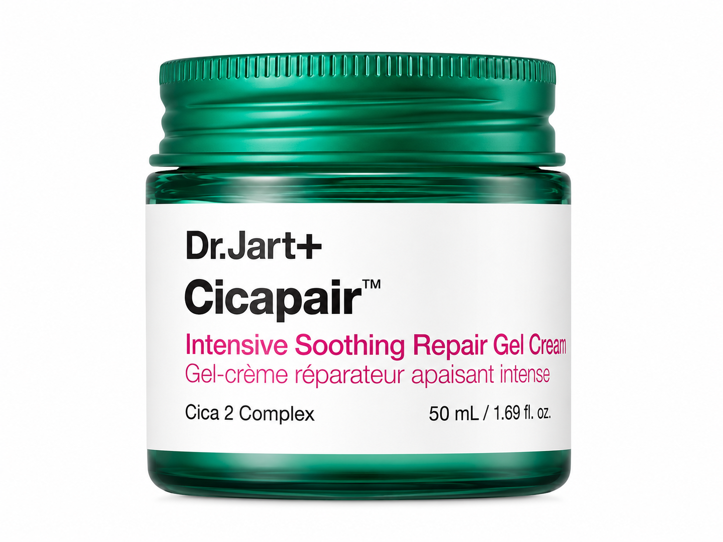 Dr.Jart+ Cicapair Intensive Soothing Repair Gel Cream 50ml in its signature green jar on a pure white background, showcasing the lightweight gel-cream formula enriched with Cica 2 Complex to soothe visible redness, strengthen the skin barrier, calm irritation and provide long-lasting hydration for sensitive skin.