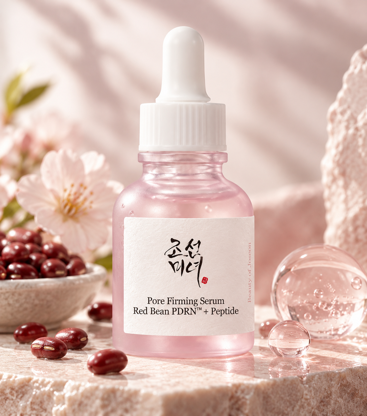 Beauty of Joseon Pore Firming Serum Red Bean PDRN + Peptide in an elegant pink glass dropper bottle, displayed on soft pink marble with red beans, delicate cherry blossoms and transparent serum droplets. Korean skincare facial serum designed to improve the appearance of pores, enhance skin firmness and promote a smoother, hydrated complexion.
